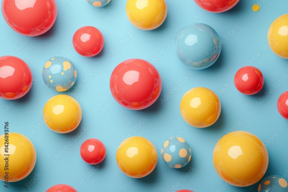Poster Colorful glossy spheres scattered on a blue background creating a playful and vibrant atmosphere in a bright setting