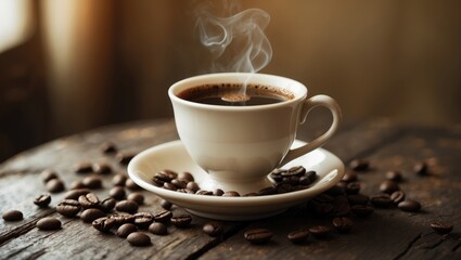 Fototapeta premium Isolated porcelain white cup with hot coffee and beans on wooden table, detailed background, front view, horizontal layout