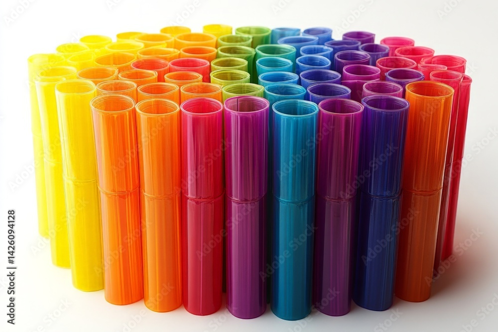 Poster colorful arrangement of cylindrical markers in a vibrant gradient display on a white surface