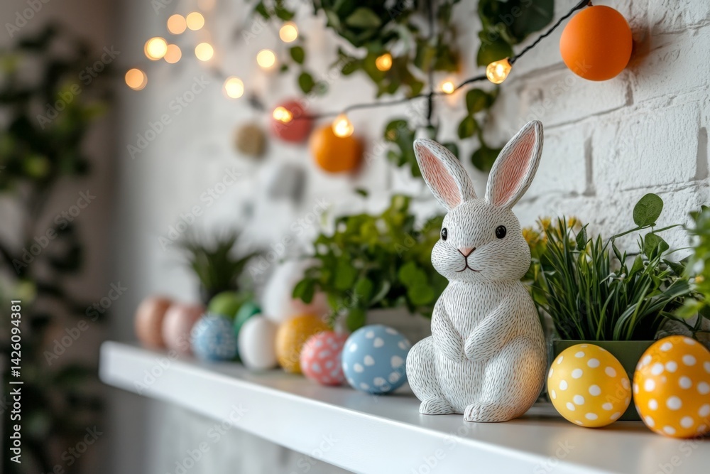 Poster decorative easter display with bunny and colorful eggs on shelf in a cozy room with fairy lights