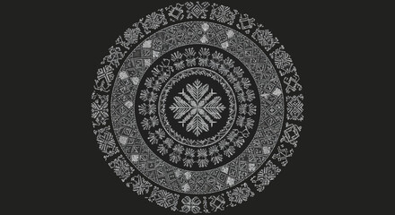 Obraz premium Intricate circular pattern design in black and white on dark background 