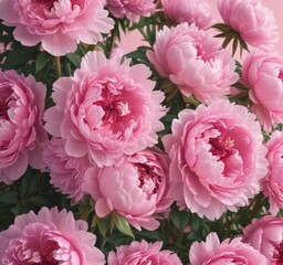Obraz premium Dense cluster of pink peonies against a soft pink backdrop , vibrant, fresh