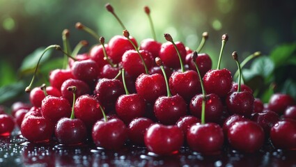 Juicy and Sweet Raw Red Cherry Fruit with Natural Leaves