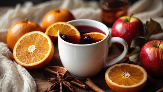 A close-up of a bowl of fragrant mulled wine on a wooden table
