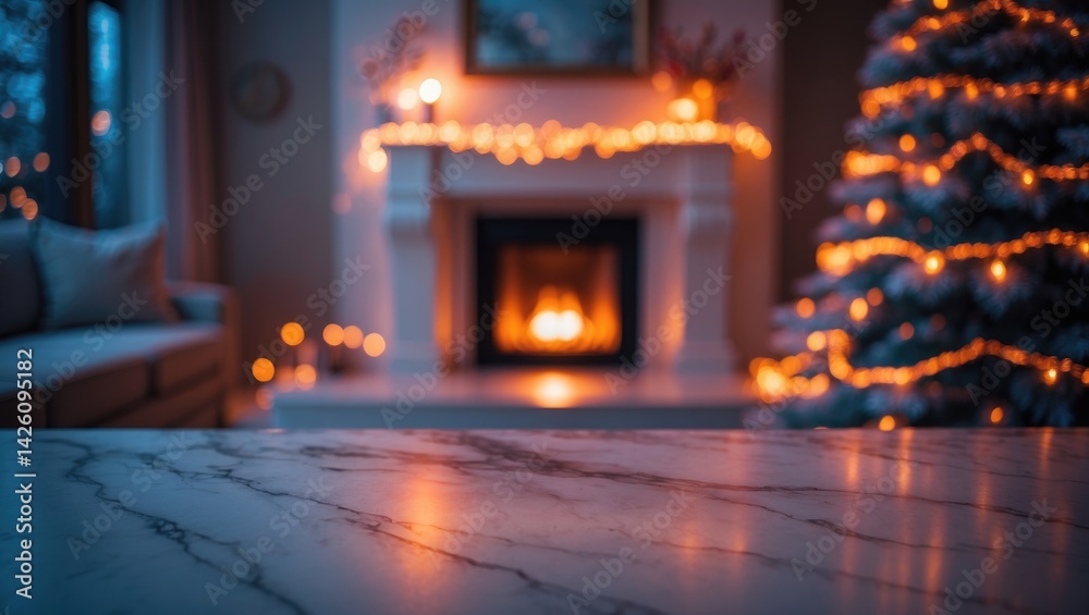 Poster Marble table background featuring abstract warm living room decor with string light bokeh, snow, and a panoramic mock-up banner for product display