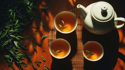 Fresh green tea with tea leaves steeping in water on a wooden table