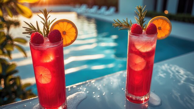 Two vibrant red cocktails with fruit garnishes relaxing by a poolside under warm sunlight