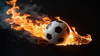 Fototapeta premium Burning football or soccer ball flying through the air against a plain background