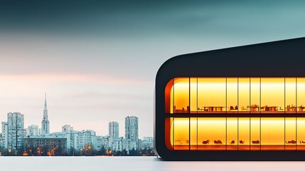 Futuristic building glows warmly against a blurred cityscape under a soft, cloudy sky