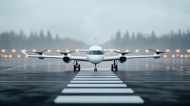 Futuristic aircraft stands on a wet runway, awaiting takeoff under a gloomy, overcast sky