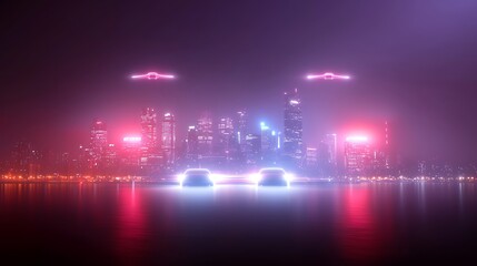 Fototapeta premium Futuristic cityscape glows with vibrant neon lights over water, reflecting on the calm surface