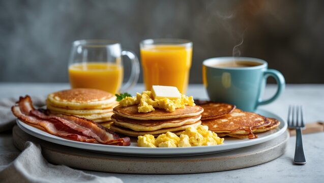 Full American Breakfast featuring scrambled eggs, bacon, hash browns, and pancakes on a wooden board with coffee and juice.