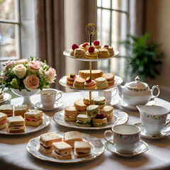 afternoon tea setup with tiered trays of finger sandwiches, scones, and floral tea cups