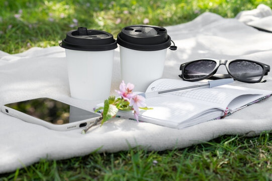 two paper cups of coffee or tea and a sakura branch on a light blanket, a notebook, a pen, glasses and a phone, freelancing in nature, coffee break