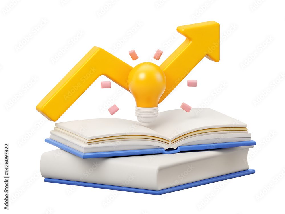Fototapete 3d minimal self-development concept. Self-learning concept. Reading a book to get a new idea. Knowledge seeking. Textbook with a light bulb. 3d rendering illustration.