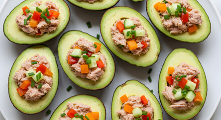 Avocado Halves Stuffed With Tuna Salad And Fresh Vegetables Top View