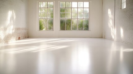 Bright, spacious, minimalist interior studio with large windows. Sunlight streams across a smooth white floor, highlighting architectural details