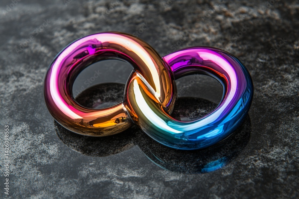 Poster Colorful metallic rings intertwined on a dark surface create a striking visual display