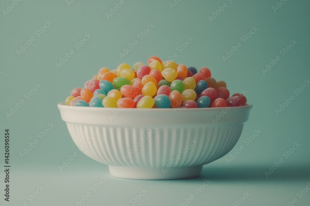 Poster colorful jelly beans arranged in a white bowl on a soft blue background creating a cheerful and vibr