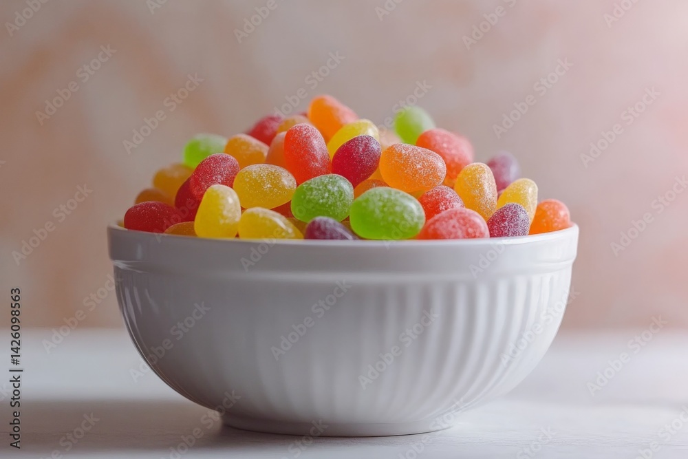 Poster colorful jelly beans in a white bowl on a wooden surface create a vibrant candy display in a cozy se