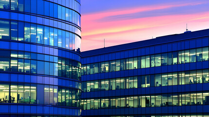 Modern office buildings at dusk, city skyline, illuminated windows, business district, corporate real estate