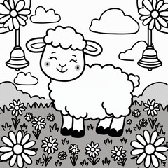 cute lamb in the grass  vector coloring page 
