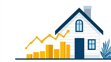 Housing crisis impact economic. A stylized illustration of a house with a rising graph, symbolizing growth in the real estate market or home value.