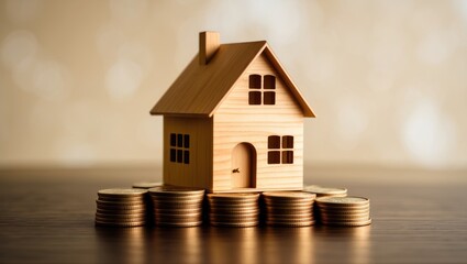 Real estate and banking concept background with house model and coins on table