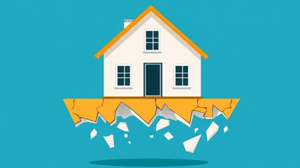 Housing crisis impact economic. A house is depicted floating above a cracked surface, symbolizing instability or a potential disaster in a minimalist, colorful design.
