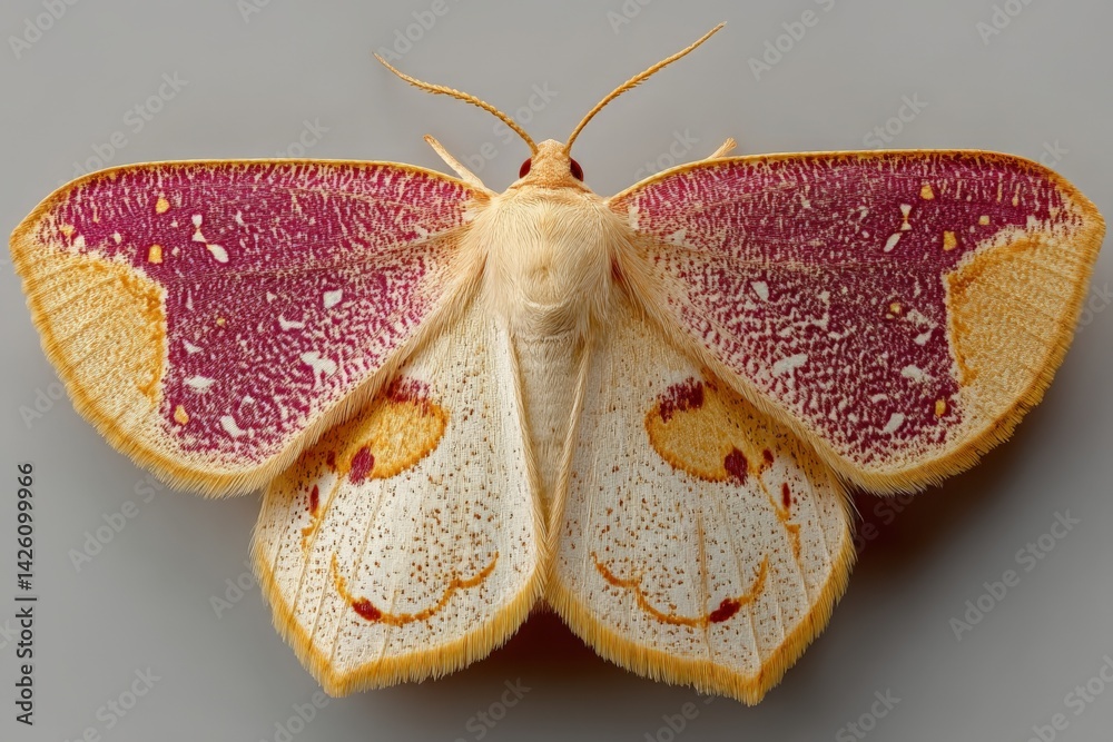 Poster Colorful moth with pink and yellow patterns resting on a surface at close range
