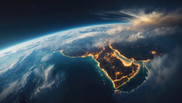 Satellite view of planet Earth focusing on the Middle East region with a world skyline