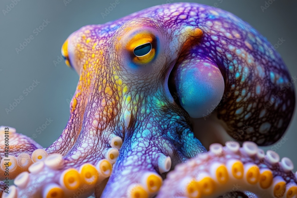 Poster colorful octopus displays vibrant patterns while resting on coral reef during a quiet underwater aft