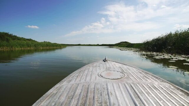 Metal boat sails down the river with reeds thickets on both sides
