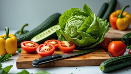 Fresh vegetables and knife on wooden cutting board