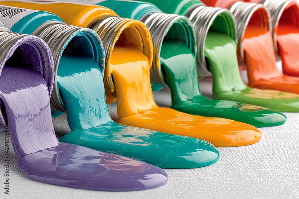 Aufkleber vibrant paints flowing from tubes in a creative workspace with various colors displayed