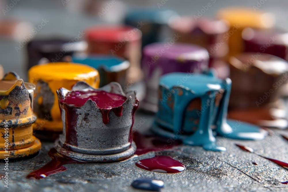 Poster colorful paint cans and spilled paint create an artistic and messy workspace in a vibrant art studio