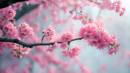 Pink cherry blossoms in full bloom on a tree branch