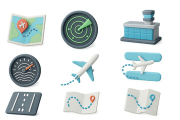 Navigation and travel icon set – 3d style directions and journey symbols: map, radar, control tower, speedometer, airplane, runway, location pin
