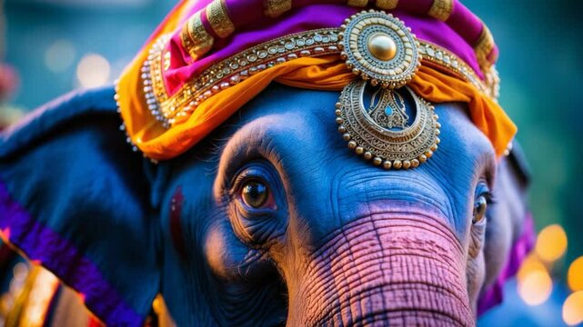 Close-up of an adorned elephant.
