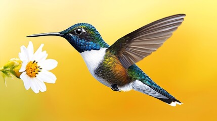Fototapeta premium Hummingbird hovers near a daisy against a soft yellow gradient background