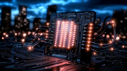 Illuminated chip in a futuristic city. Wires glow orange with light at their connection points
