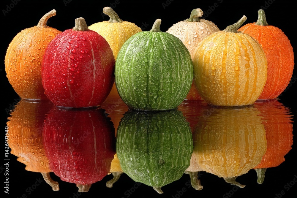 Poster colorful gourds lined up on a reflective surface with droplets of water in a creative still life arr