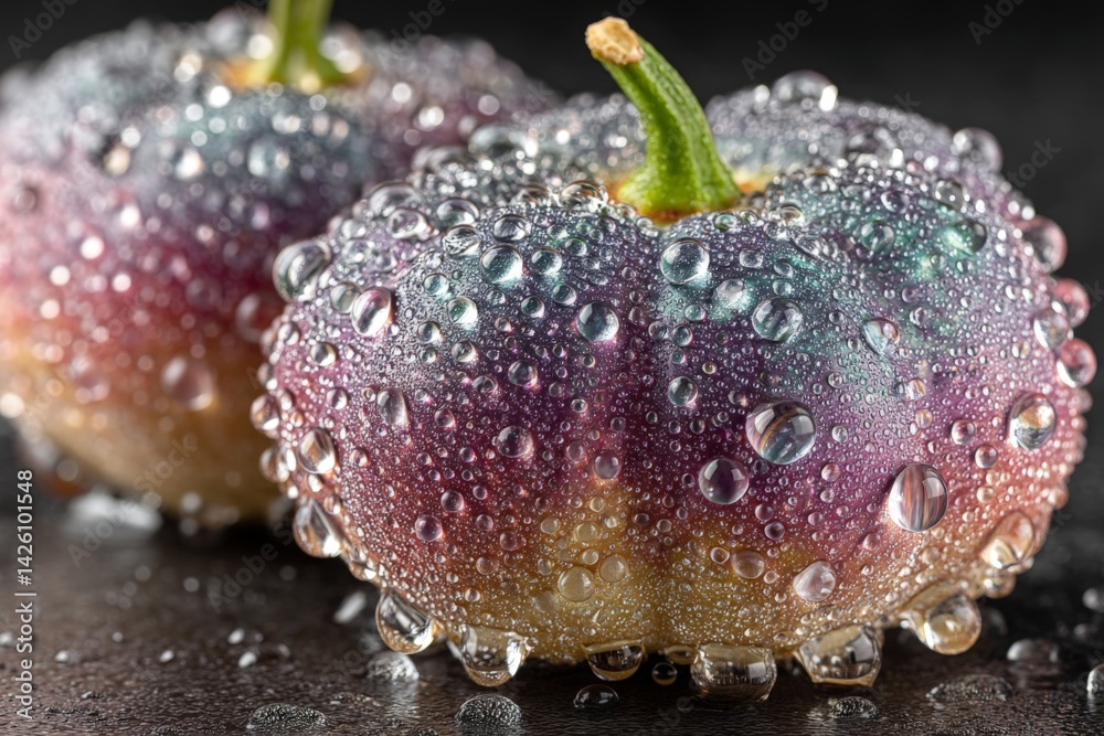 Aufkleber fresh fruits glisten with water droplets on a dark surface creating an eye-catching composition in a