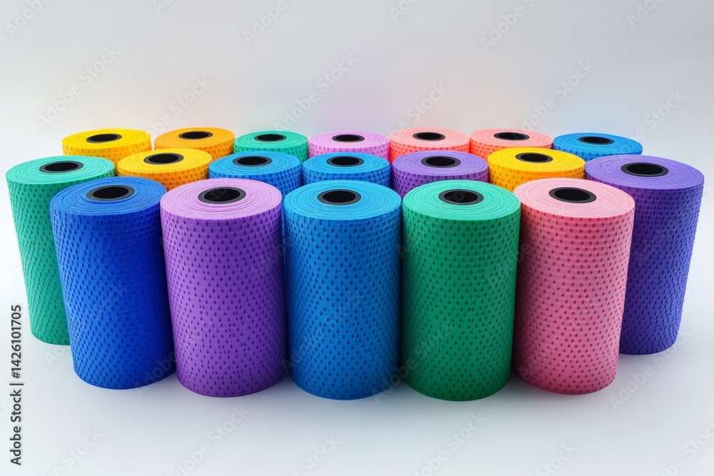 Poster colorful arrangement of paper rolls displayed on a white surface in a well-lit setting