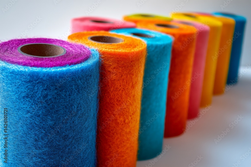 Poster colorful rolls of fabric arranged in a vibrant row showcasing various shades and textures for creati