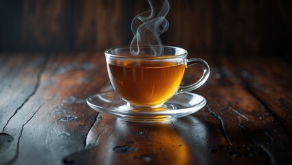 Fototapeta premium Wooden table with a glass cup of tea