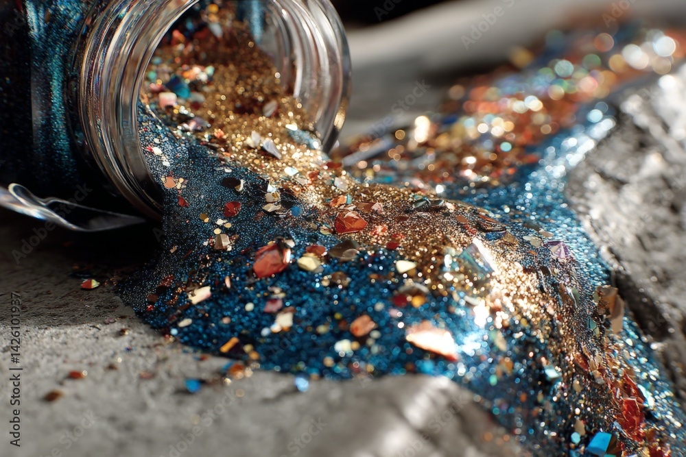 Aufkleber Colorful glitter spills from a jar creating a shimmering effect on a textured surface in bright natural light