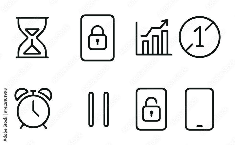 Poster time and security icon set: minimalist linear icons for digital interfaces
