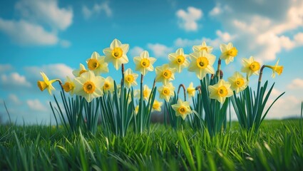 Bright spring daffodils blooming on lush green grass beneath a clear blue sky