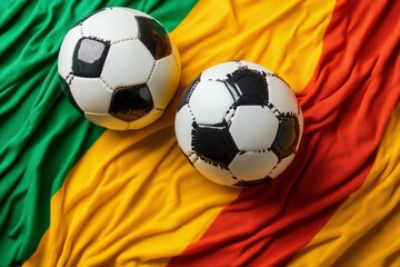 Fototapeta premium Soccer balls resting on a colorful flag of Mali showcasing national pride and the love for the sport